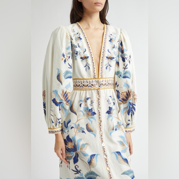 Farm Rio Mystic Blue Lotus Placed Print Long Sleeve Linen Blend Maxi Dress - Picture 4 of 16